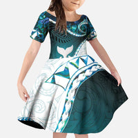 Aotearoa New Zealand Family Matching Off Shoulder Maxi Dress and Hawaiian Shirt Maori Wera Paua Shell Teal Glitter LT05 Daughter's Dress Teal - Polynesian Pride