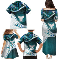 Aotearoa New Zealand Family Matching Puletasi and Hawaiian Shirt Maori Wera Paua Shell Teal Glitter LT05 - Polynesian Pride