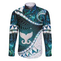 Aotearoa New Zealand Family Matching Short Sleeve Bodycon Dress and Hawaiian Shirt Maori Wera Paua Shell Teal Glitter LT05 Dad's Shirt - Long Sleeve Teal - Polynesian Pride