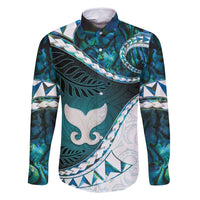 Aotearoa New Zealand Family Matching Summer Maxi Dress and Hawaiian Shirt Maori Wera Paua Shell Teal Glitter LT05 Dad's Shirt - Long Sleeve Teal - Polynesian Pride