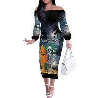 Personalised Hawaii Halloween Family Matching Off The Shoulder Long Sleeve Dress and Hawaiian Shirt Hallowaiian Skeleton Surf LT05 Mom's Dress Black - Polynesian Pride