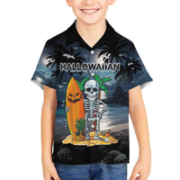 Personalised Hawaii Halloween Family Matching Off The Shoulder Long Sleeve Dress and Hawaiian Shirt Hallowaiian Skeleton Surf LT05 Son's Shirt Black - Polynesian Pride