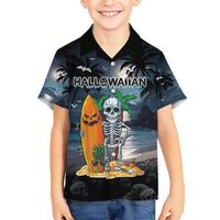 Personalised Hawaii Halloween Family Matching Short Sleeve Bodycon Dress and Hawaiian Shirt Hallowaiian Skeleton Surf LT05 Son's Shirt Black - Polynesian Pride