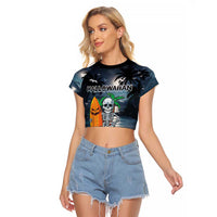 Personalised Hawaii Halloween Raglan Cropped T Shirt Hallowaiian Skeleton Surf