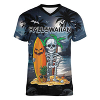 Personalised Hawaii Halloween Women V-Neck T-Shirt Hallowaiian Skeleton Surf