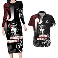 New Zealand Aotearoa Mana Wahine Couples Matching Long Sleeve Bodycon Dress and Hawaiian Shirt LT05 Black - Polynesian Pride