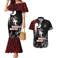 New Zealand Aotearoa Mana Wahine Couples Matching Mermaid Dress and Hawaiian Shirt LT05 Black - Polynesian Pride