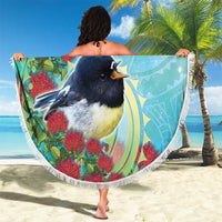 New Zealand Tomtit Beach Blanket Maori Koru With Pohutukawa Galaxy Style - Polynesian Pride