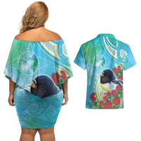 New Zealand Tomtit Couples Matching Off Shoulder Short Dress and Hawaiian Shirt Maori Koru With Pohutukawa Galaxy Style LT05 - Polynesian Pride