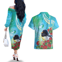 New Zealand Tomtit Couples Matching Off The Shoulder Long Sleeve Dress and Hawaiian Shirt Maori Koru With Pohutukawa Galaxy Style LT05 - Polynesian Pride