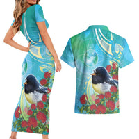 New Zealand Tomtit Couples Matching Short Sleeve Bodycon Dress and Hawaiian Shirt Maori Koru With Pohutukawa Galaxy Style LT05 - Polynesian Pride