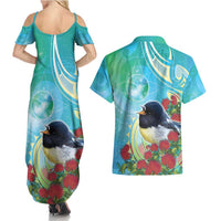 New Zealand Tomtit Couples Matching Summer Maxi Dress and Hawaiian Shirt Maori Koru With Pohutukawa Galaxy Style - Polynesian Pride