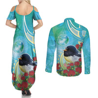 New Zealand Tomtit Couples Matching Summer Maxi Dress and Long Sleeve Button Shirt Maori Koru With Pohutukawa Galaxy Style LT05 - Polynesian Pride