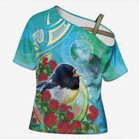 New Zealand Tomtit Cross Shoulder Shirt Maori Koru With Pohutukawa Galaxy Style - Polynesian Pride