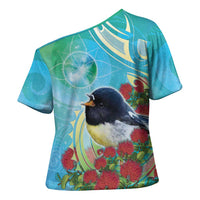New Zealand Tomtit Cross Shoulder Shirt Maori Koru With Pohutukawa Galaxy Style - Polynesian Pride
