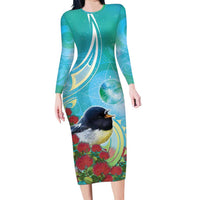 New Zealand Tomtit Family Matching Long Sleeve Bodycon Dress and Hawaiian Shirt Maori Koru With Pohutukawa Galaxy Style LT05 Mom's Dress Aqua - Polynesian Pride