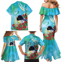 New Zealand Tomtit Family Matching Mermaid Dress and Hawaiian Shirt Maori Koru With Pohutukawa Galaxy Style LT05 - Polynesian Pride