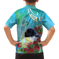 New Zealand Tomtit Family Matching Off The Shoulder Long Sleeve Dress and Hawaiian Shirt Maori Koru With Pohutukawa Galaxy Style LT05 - Polynesian Pride