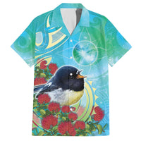 New Zealand Tomtit Family Matching Off The Shoulder Long Sleeve Dress and Hawaiian Shirt Maori Koru With Pohutukawa Galaxy Style - Polynesian Pride