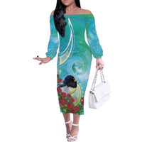 New Zealand Tomtit Family Matching Off The Shoulder Long Sleeve Dress and Hawaiian Shirt Maori Koru With Pohutukawa Galaxy Style LT05 Mom's Dress Aqua - Polynesian Pride