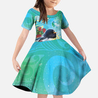 New Zealand Tomtit Family Matching Off Shoulder Maxi Dress and Hawaiian Shirt Maori Koru With Pohutukawa Galaxy Style LT05 Daughter's Dress Aqua - Polynesian Pride