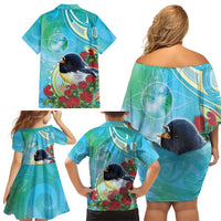 New Zealand Tomtit Family Matching Off Shoulder Short Dress and Hawaiian Shirt Maori Koru With Pohutukawa Galaxy Style LT05 - Polynesian Pride