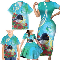 New Zealand Tomtit Family Matching Short Sleeve Bodycon Dress and Hawaiian Shirt Maori Koru With Pohutukawa Galaxy Style LT05 - Polynesian Pride