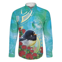 New Zealand Tomtit Family Matching Short Sleeve Bodycon Dress and Hawaiian Shirt Maori Koru With Pohutukawa Galaxy Style LT05 Dad's Shirt - Long Sleeve Aqua - Polynesian Pride