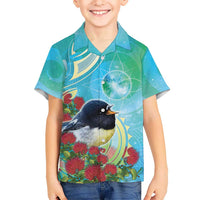 New Zealand Tomtit Family Matching Summer Maxi Dress and Hawaiian Shirt Maori Koru With Pohutukawa Galaxy Style LT05 Son's Shirt Aqua - Polynesian Pride