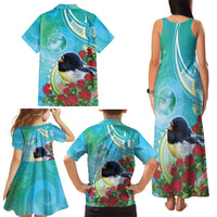New Zealand Tomtit Family Matching Tank Maxi Dress and Hawaiian Shirt Maori Koru With Pohutukawa Galaxy Style LT05 - Polynesian Pride