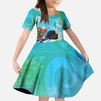 New Zealand Tomtit Kid Short Sleeve Dress Maori Koru With Pohutukawa Galaxy Style - Polynesian Pride