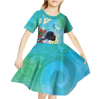 New Zealand Tomtit Kid Short Sleeve Dress Maori Koru With Pohutukawa Galaxy Style - Polynesian Pride
