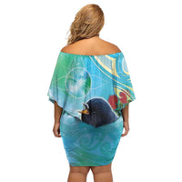 New Zealand Tomtit Off Shoulder Short Dress Maori Koru With Pohutukawa Galaxy Style - Polynesian Pride