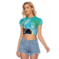 New Zealand Tomtit Raglan Cropped T Shirt Maori Koru With Pohutukawa Galaxy Style - Polynesian Pride