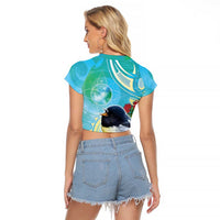 New Zealand Tomtit Raglan Cropped T Shirt Maori Koru With Pohutukawa Galaxy Style - Polynesian Pride