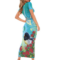 New Zealand Tomtit Short Sleeve Bodycon Dress Maori Koru With Pohutukawa Galaxy Style - Polynesian Pride