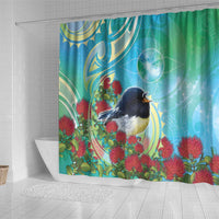 New Zealand Tomtit Shower Curtain Maori Koru With Pohutukawa Galaxy Style - Polynesian Pride