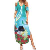 New Zealand Tomtit Summer Maxi Dress Maori Koru With Pohutukawa Galaxy Style - Polynesian Pride