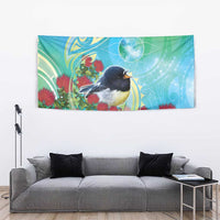 New Zealand Tomtit Tapestry Maori Koru With Pohutukawa Galaxy Style - Polynesian Pride