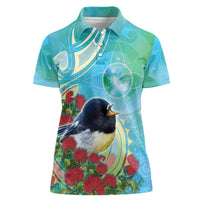 New Zealand Tomtit Women Polo Shirt Maori Koru With Pohutukawa Galaxy Style - Polynesian Pride