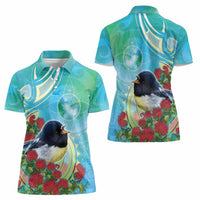 New Zealand Tomtit Women Polo Shirt Maori Koru With Pohutukawa Galaxy Style - Polynesian Pride