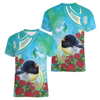 New Zealand Tomtit Women V-Neck T-Shirt Maori Koru With Pohutukawa Galaxy Style - Polynesian Pride