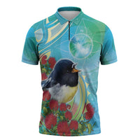 New Zealand Tomtit Zipper Polo Shirt Maori Koru With Pohutukawa Galaxy Style - Polynesian Pride