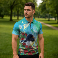 New Zealand Tomtit Zipper Polo Shirt Maori Koru With Pohutukawa Galaxy Style - Polynesian Pride