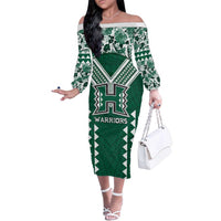 Custom Hawaii Football Family Matching Off The Shoulder Long Sleeve Dress and Hawaiian Shirt Rainbow Warriors Tropical Vibes LT05 Mom's Dress Green - Polynesian Pride