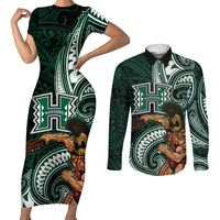 Hawaii Ikaika Warrior Football Couples Matching Short Sleeve Bodycon Dress and Long Sleeve Button Shirt Polynesian Tribal Tattoo LT05 Black - Polynesian Pride