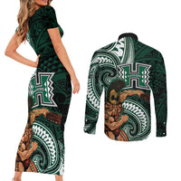 Hawaii Ikaika Warrior Football Couples Matching Short Sleeve Bodycon Dress and Long Sleeve Button Shirt Polynesian Tribal Tattoo LT05 - Polynesian Pride
