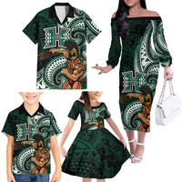 Hawaii Ikaika Warrior Football Family Matching Off The Shoulder Long Sleeve Dress and Hawaiian Shirt Polynesian Tribal Tattoo LT05 - Polynesian Pride