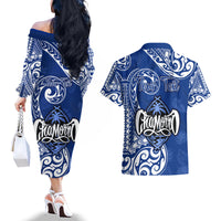Personalised Hafa Adai Guam History and Chamorro Heritage Day Couples Matching Off The Shoulder Long Sleeve Dress and Hawaiian Shirt Blue Latte Stone LT05 - Polynesian Pride