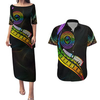 Personalised LGBT History Month Couples Matching Puletasi Dress and Hawaiian Shirt Proud And Happy Polynesian Dolphin LT05 Black - Polynesian Pride